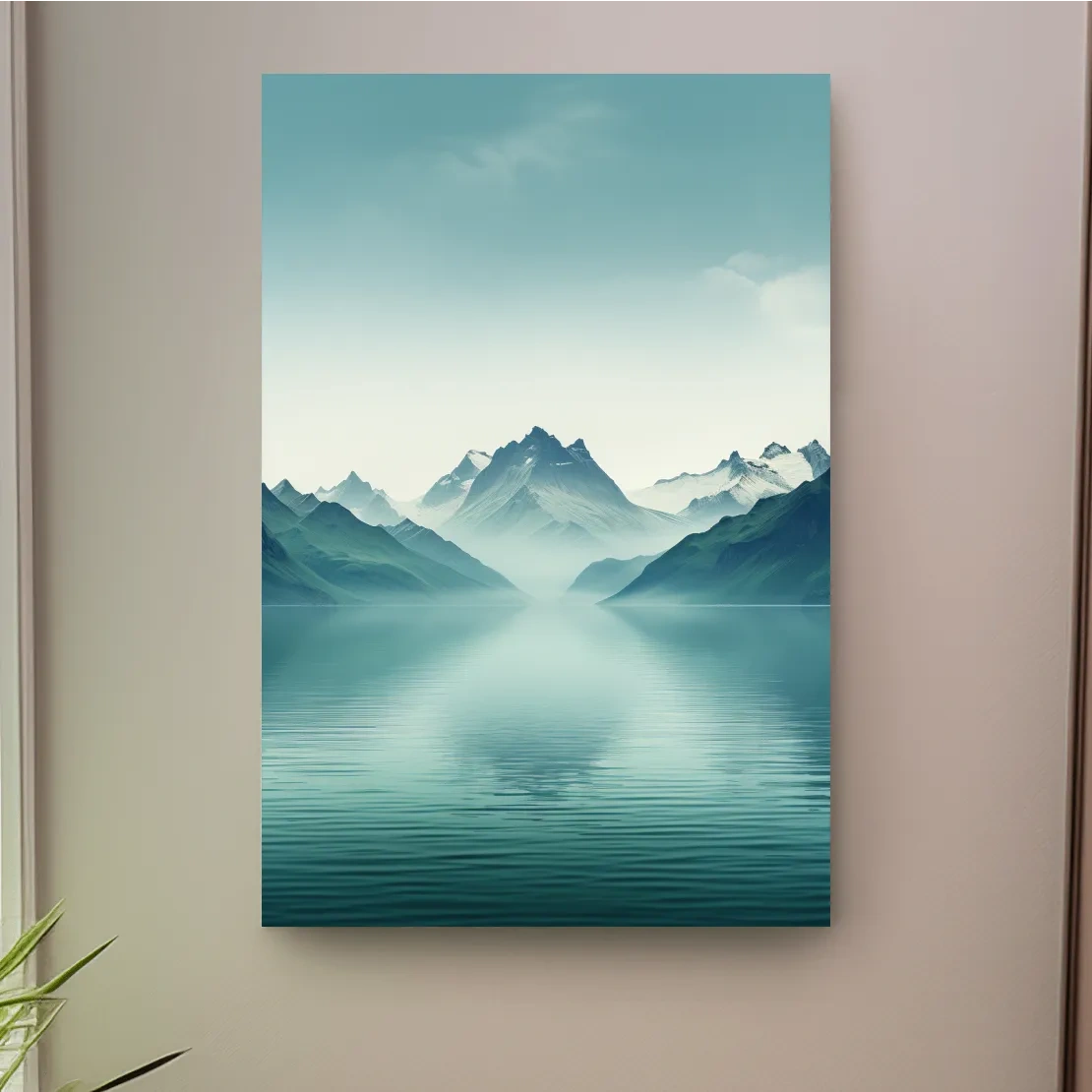 Soft, minimal art, mountains by a lake