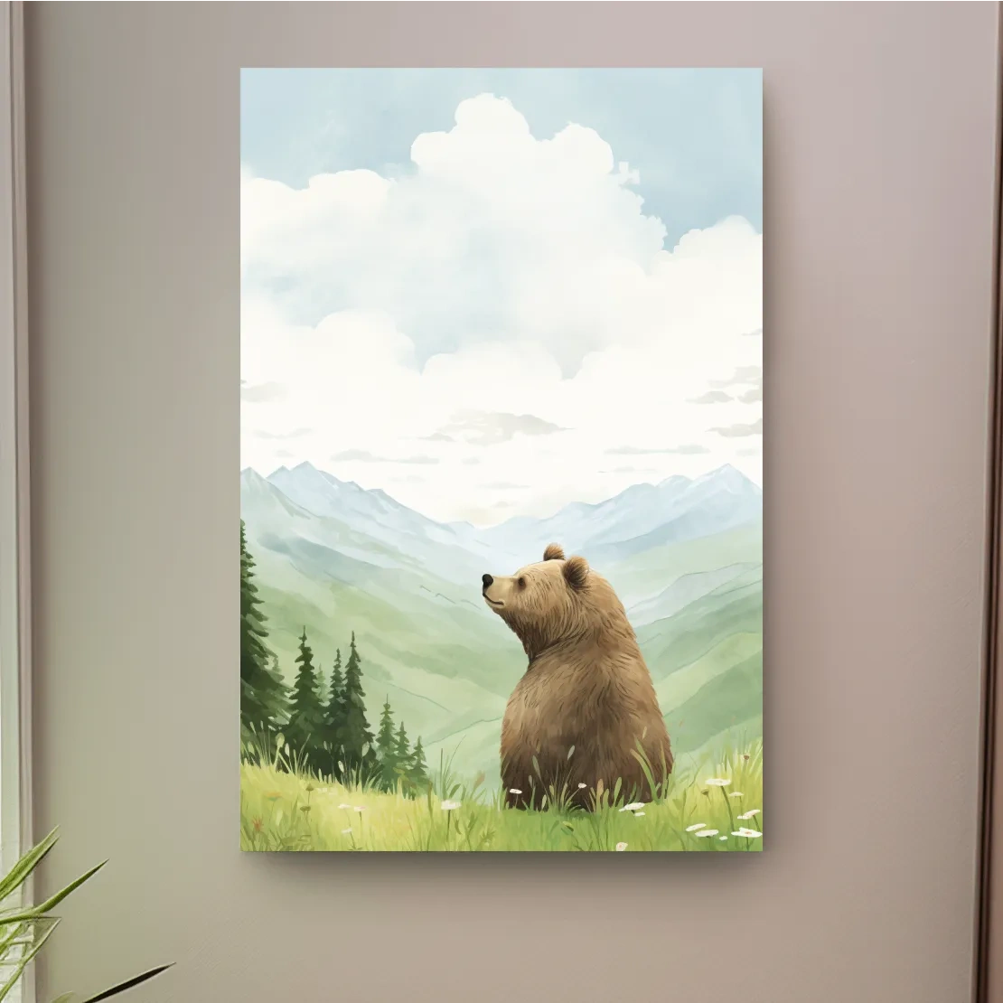 Whimsical Watercolor Bear In Mountain Meadow - Serene Nursery Wildlife Art