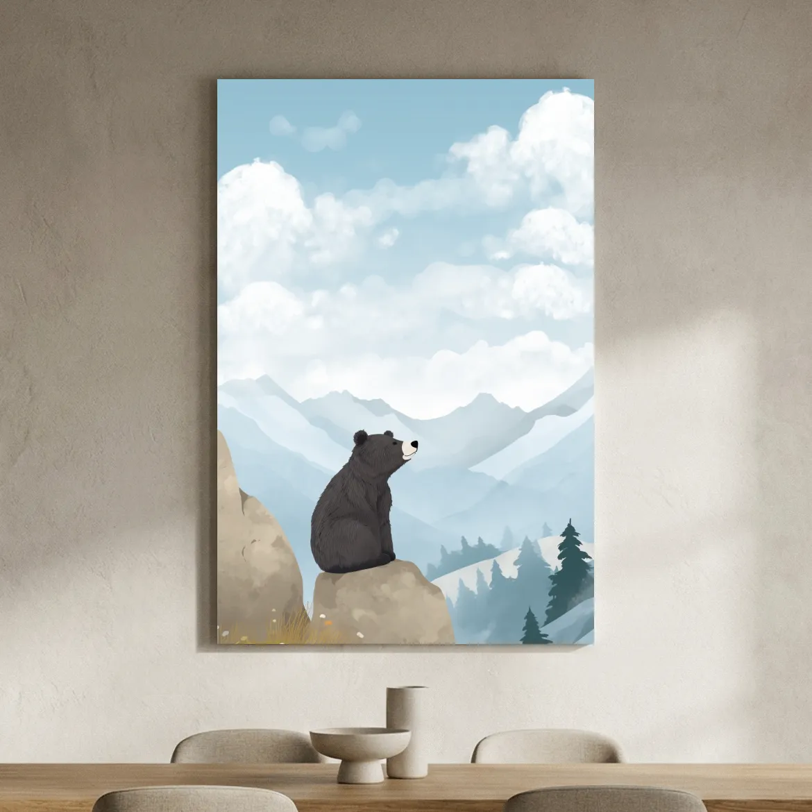 Whimsical Black Bear Mountain Landscape Illustration - Cute Animal Nursery Wall Art