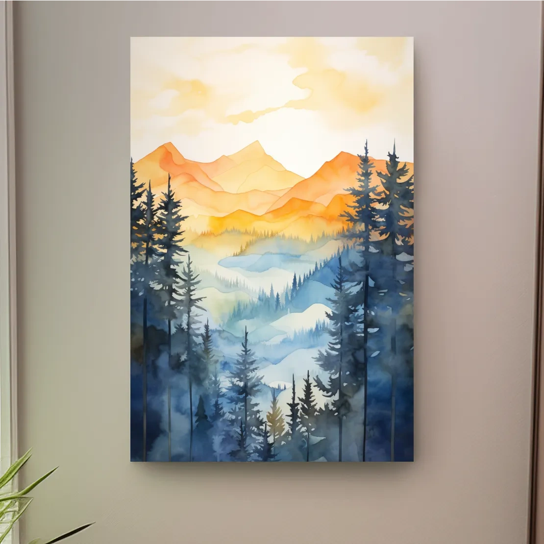 Simple watercolor art painting of alpine mountain scenery