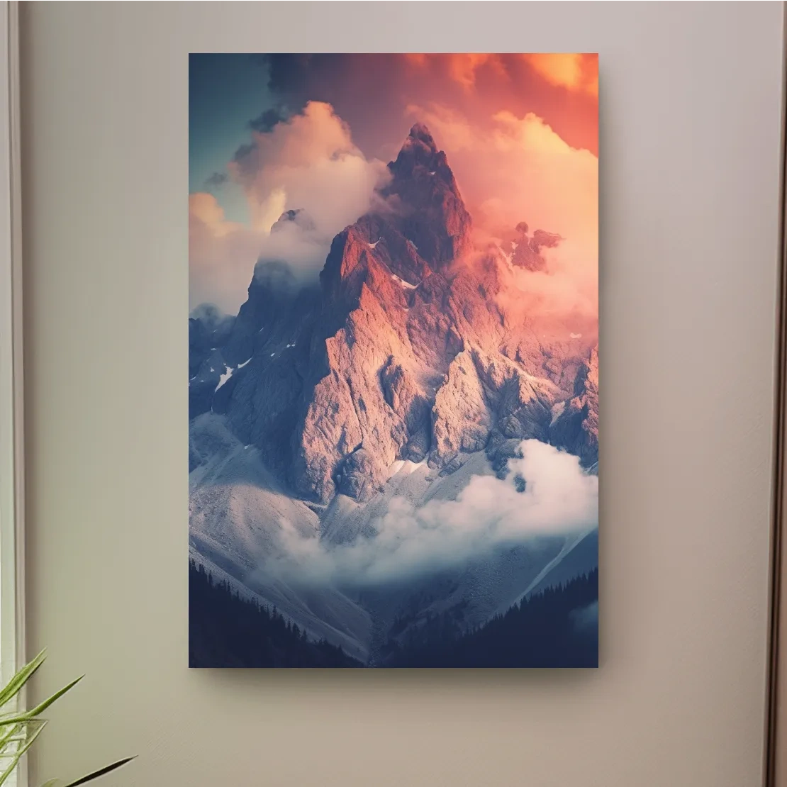 Dramatic mountain peak in colorful clouds, photographic art
