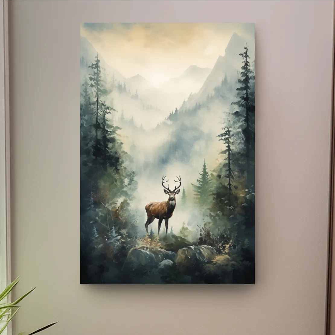 Watercolour painting of a deer standing in a misty forest