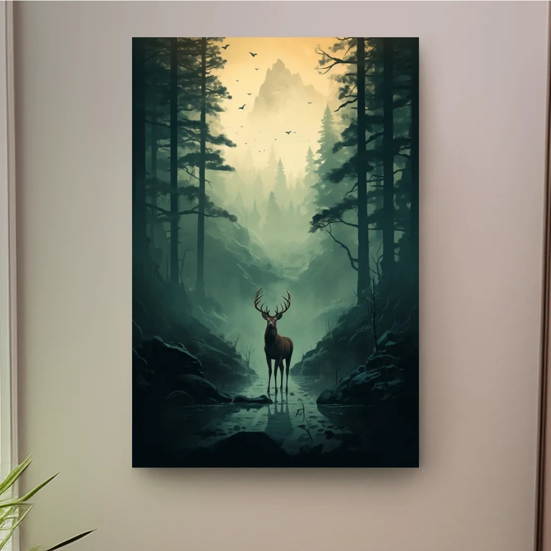 Moody Misty Forest Deer Stag Landscape - Atmospheric Wildlife Mountain Wall Art