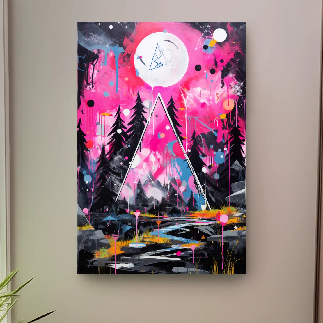 Pink and black abstract energetic art of a forest