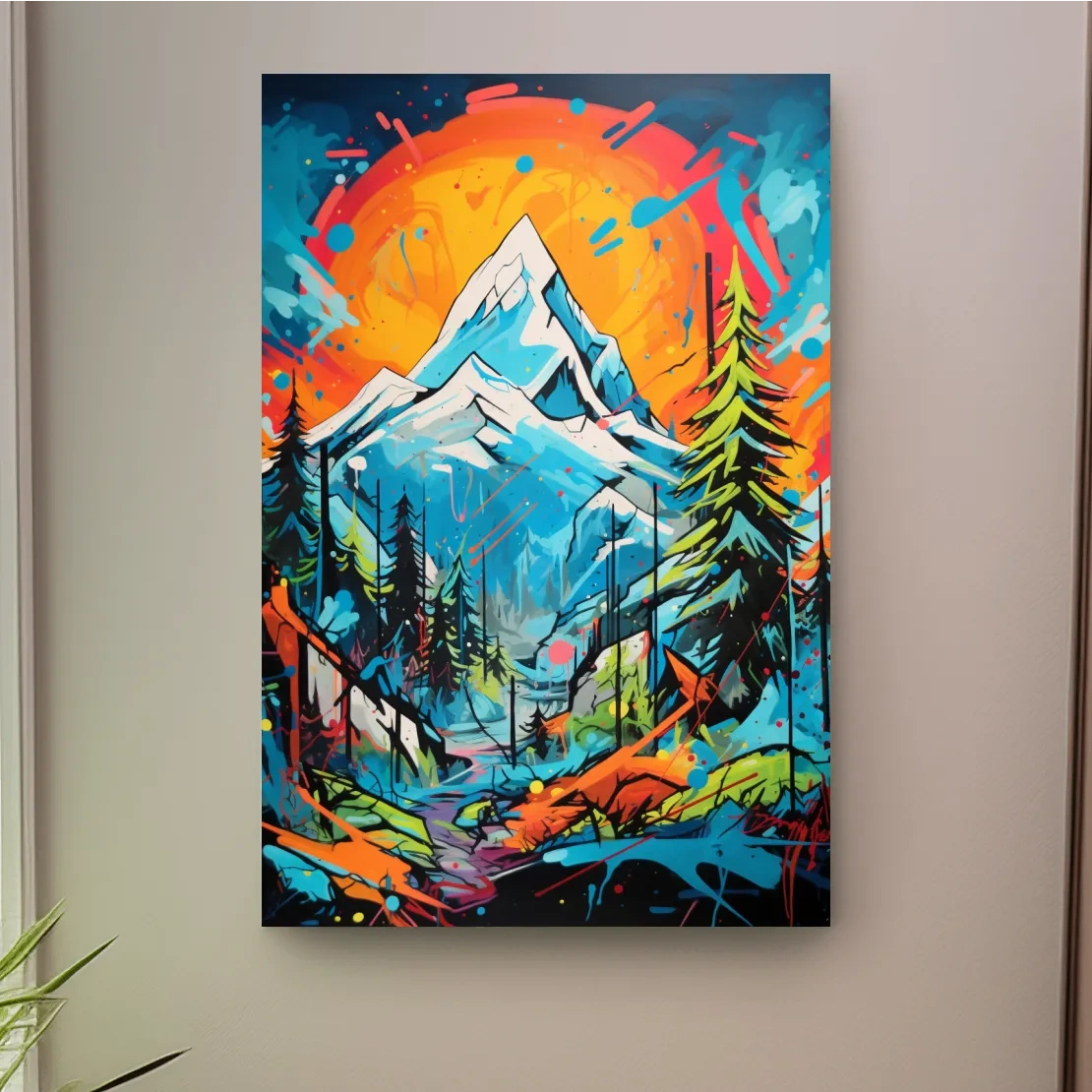 Graffitti inspired art of sunset over a glacier, vibrant wall art