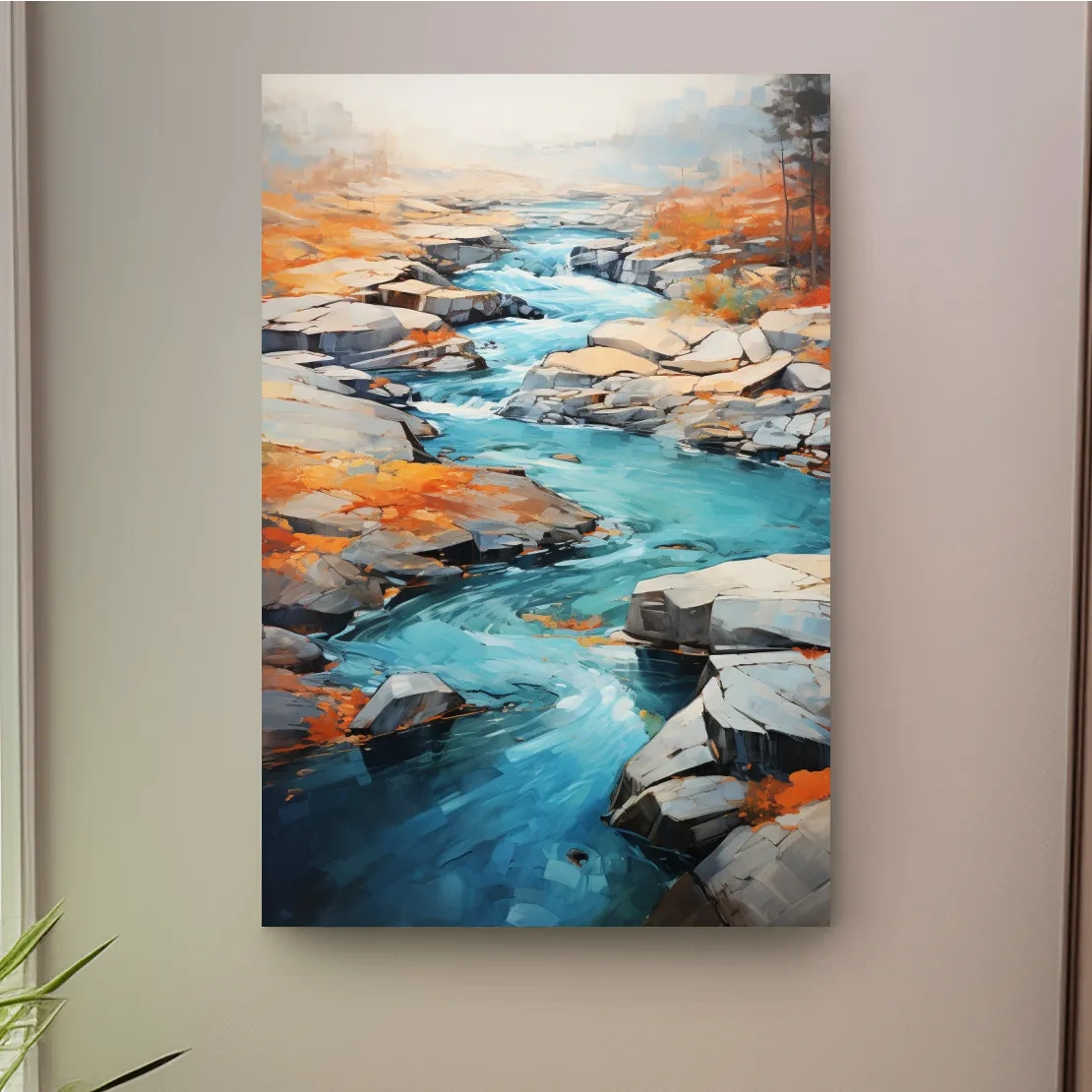 Serene painting of a river flowing through the rocks in fall