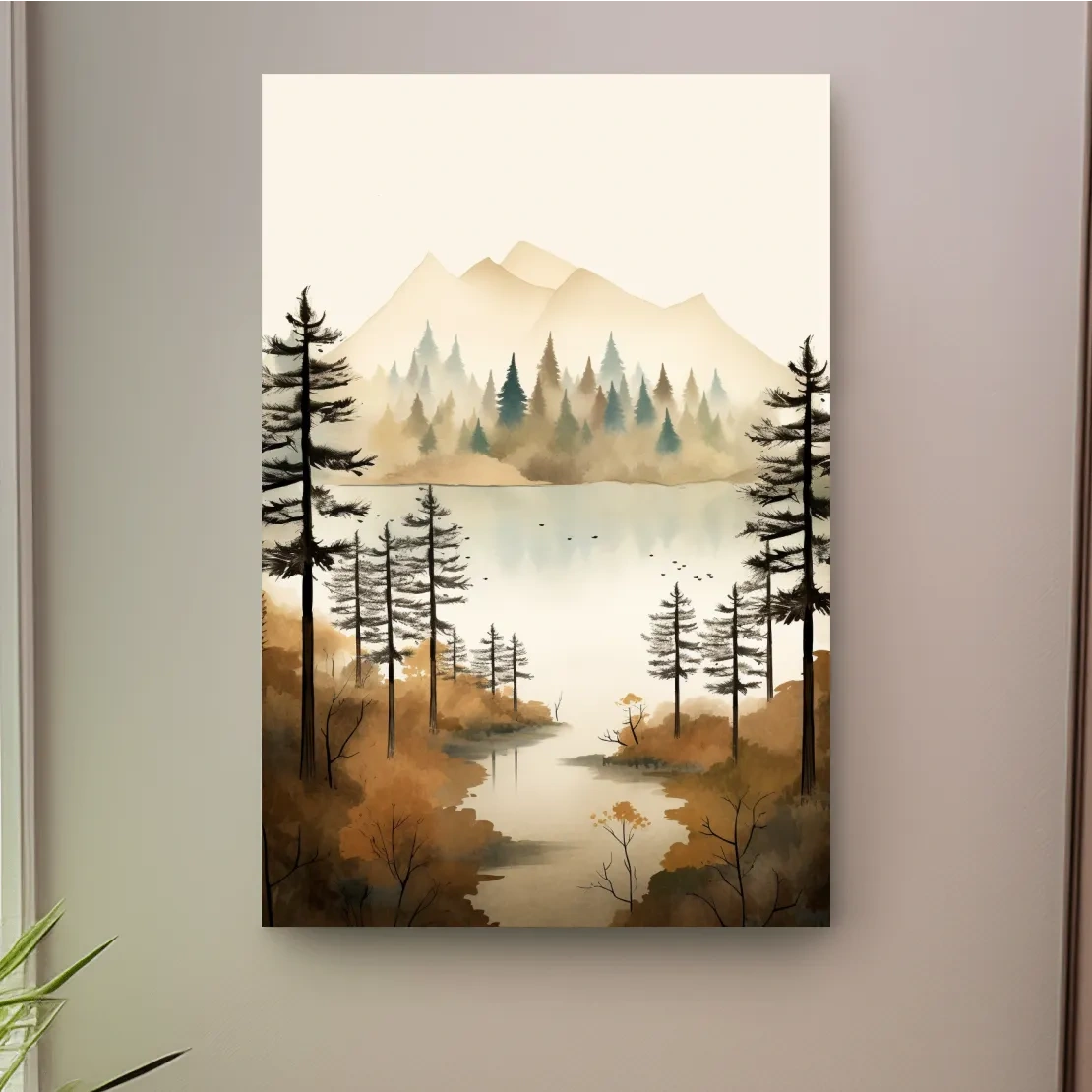 Watercolour landscape art, lakeside forest scenery in fall