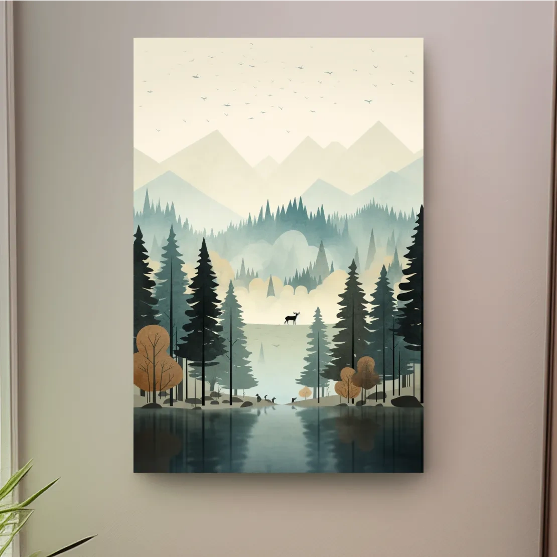 Alpine Lake Forest With Deer - Scandinavian Minimalist Wall Art