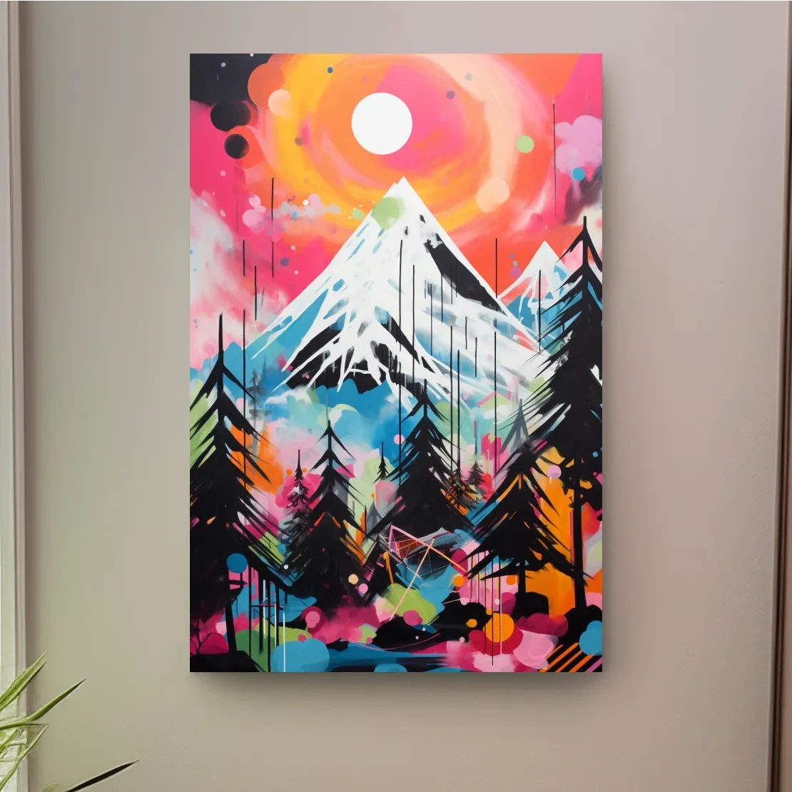 Vibrant Abstract Neon Mountain Glacier Sunset Painting - Colorful Alpine Wall Art