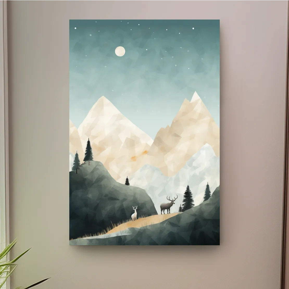 Textured minimal illustration, deers in the forest under the night sky