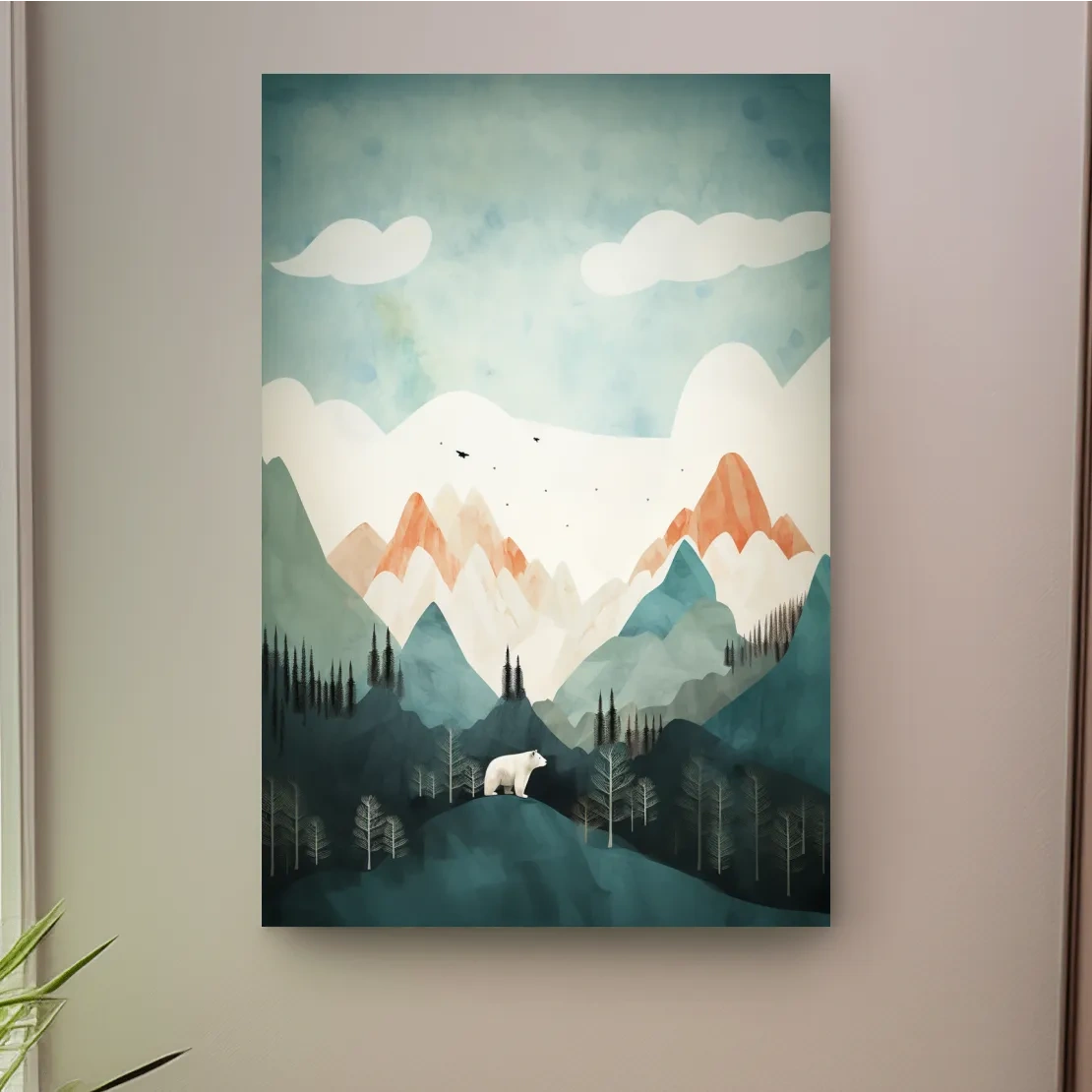 Whimsical Bear Alpine Mountain Landscape - Childrens Nursery Wall Art