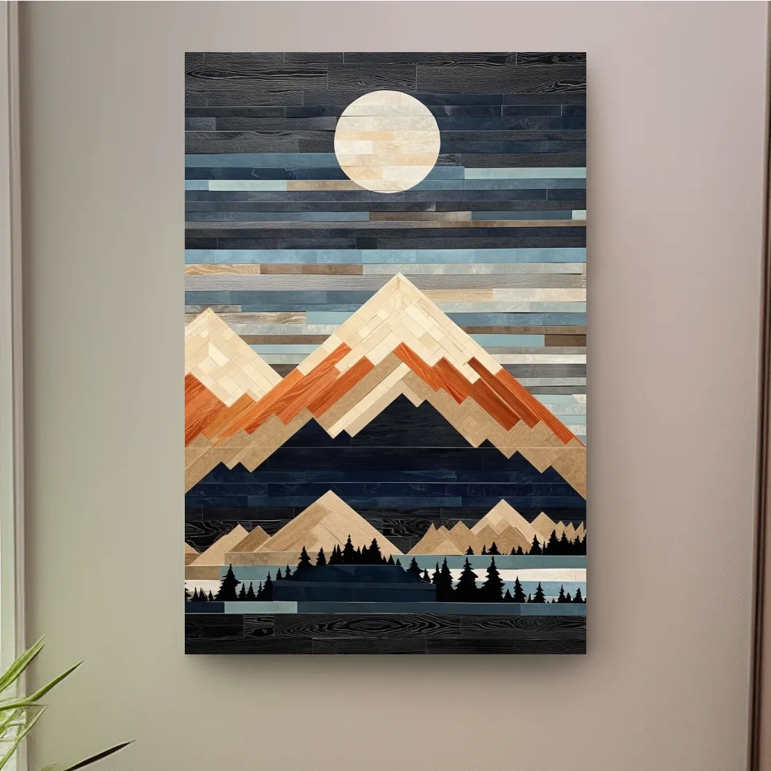 Wooden panel art, painted wood mountains under the night sky