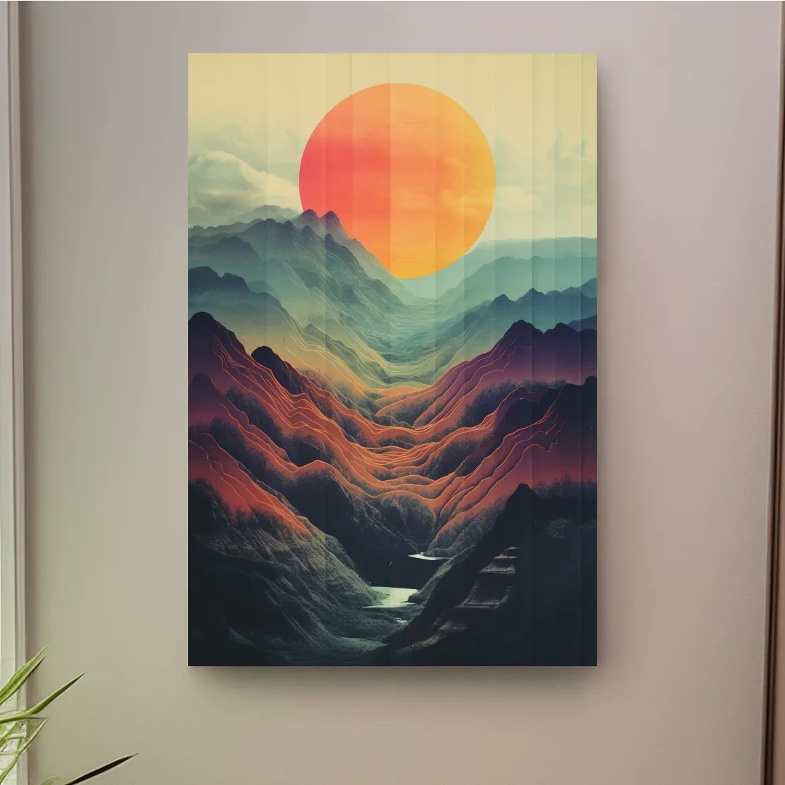 Illustrative art of a layered mountainous valley at sunset