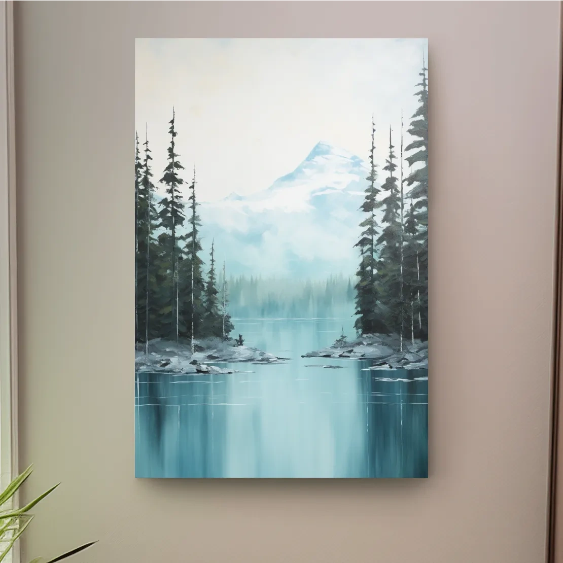Serene painting of a turquoise Canadian alpine lake