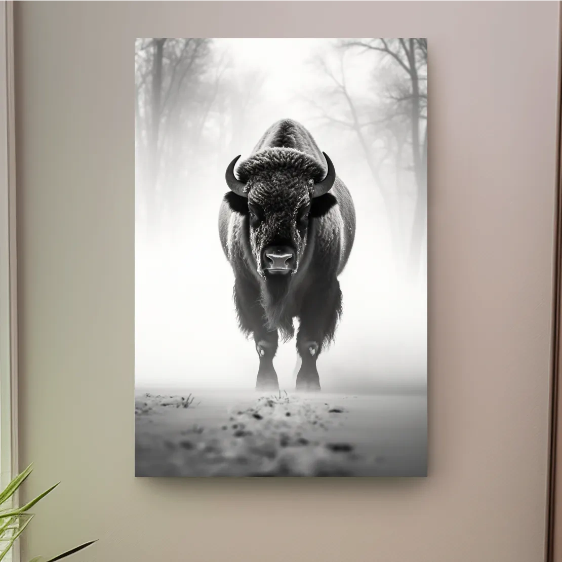 Black and white photo of a bison walking on snow