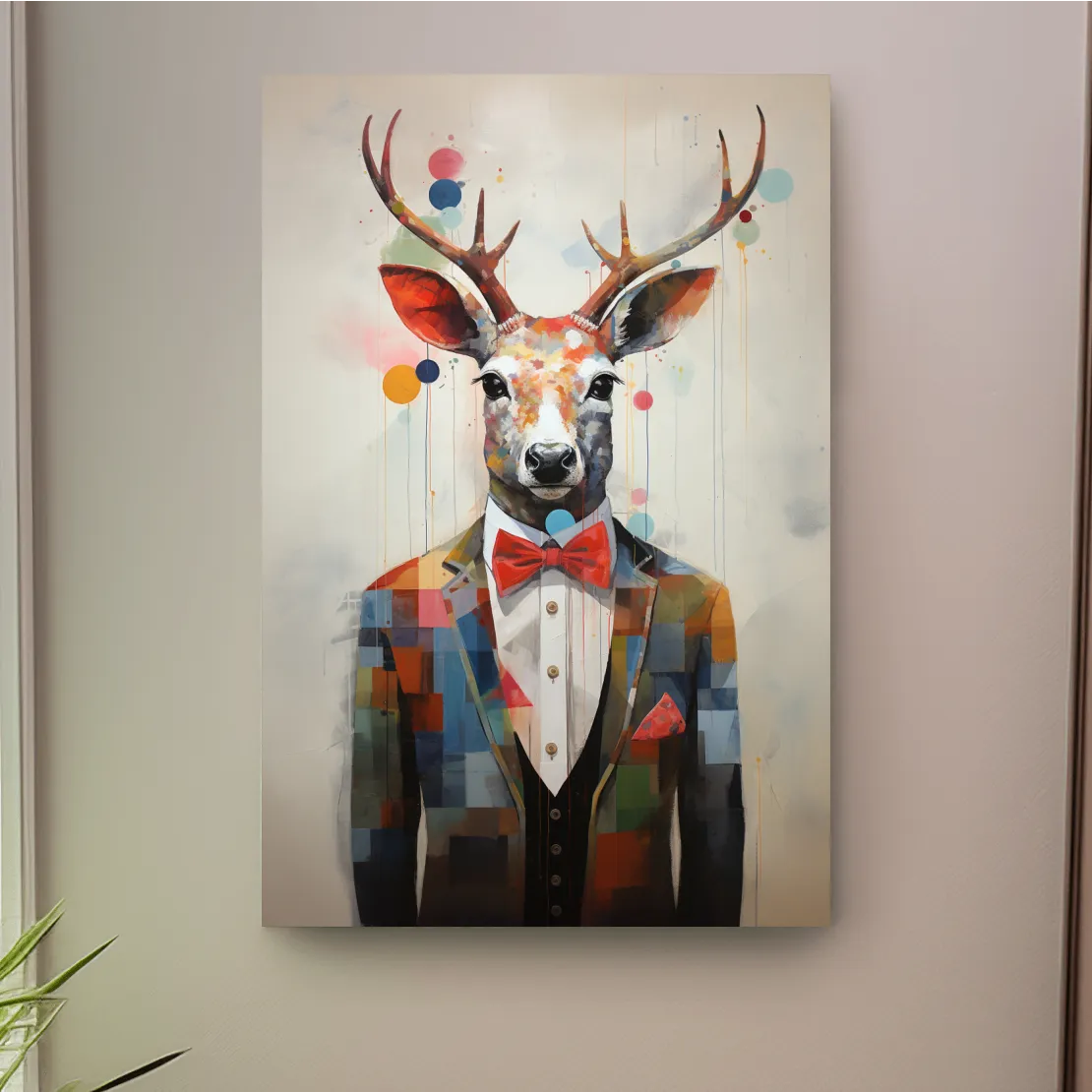 A collage style painting of a deer in a tuxedo