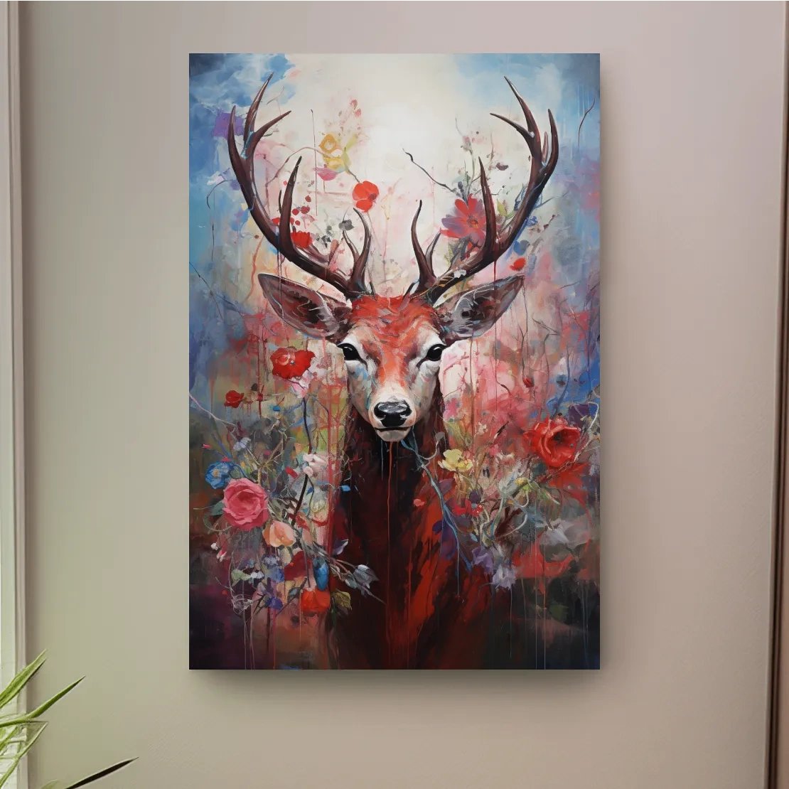 Floral painting of a deer, vibrant wall art