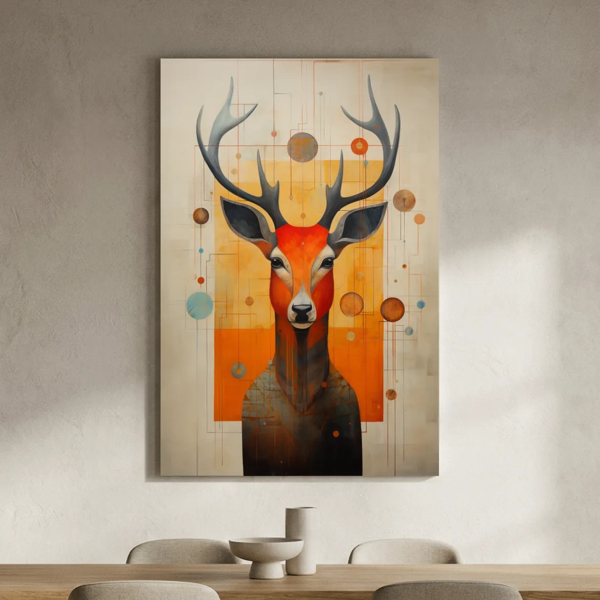 Mid Century Abstract Stag Portrait Painting - Quirky Wildlife Wall Art