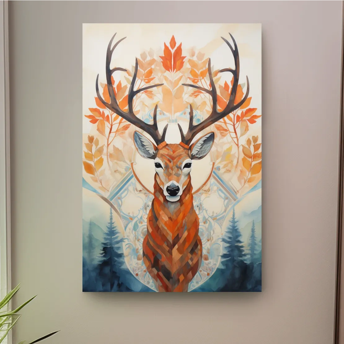 Ornate Stag Deer Watercolor Portrait - Autumn Woodland Wildlife Wall Art