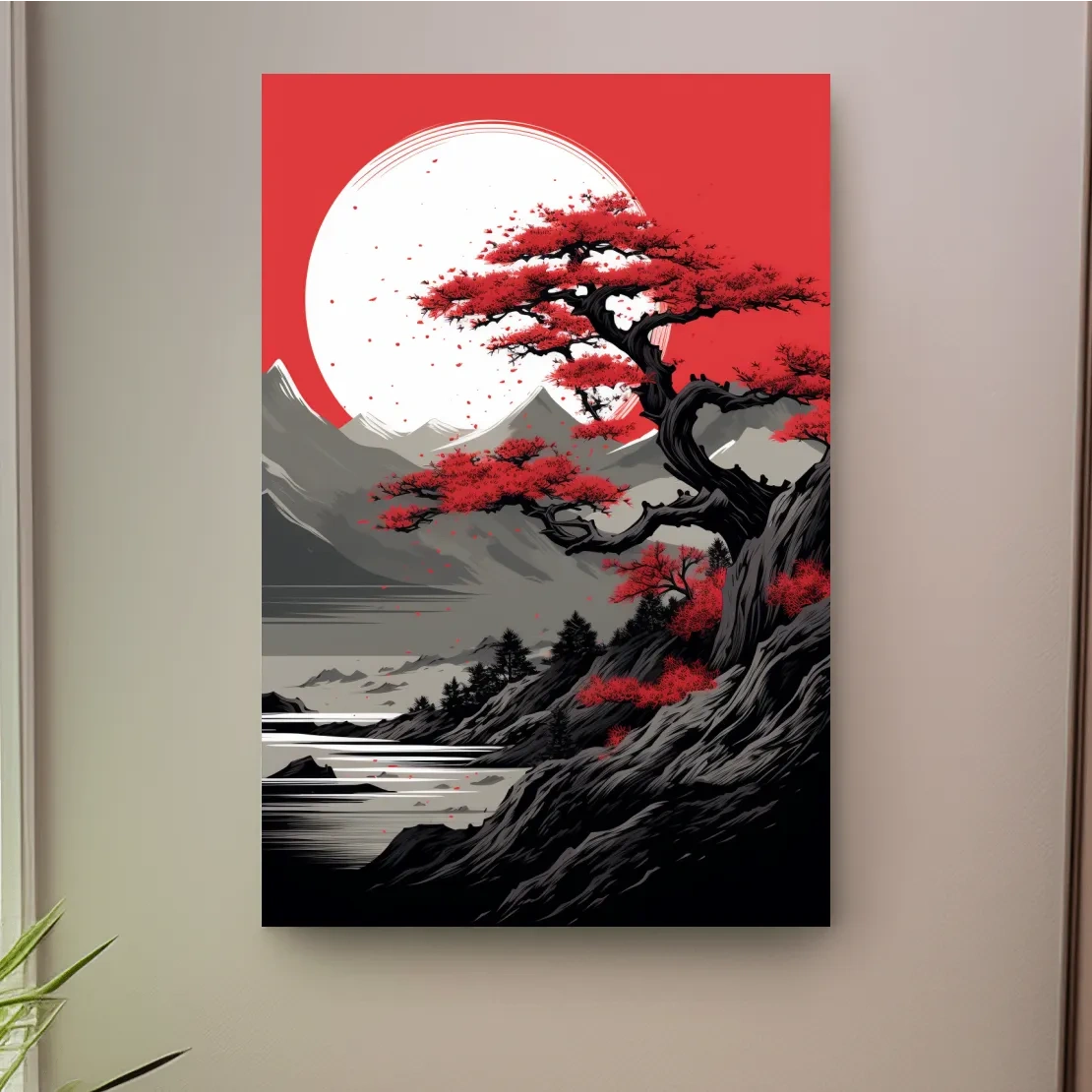 Japanese minimal art, bonsai tree on a cliff