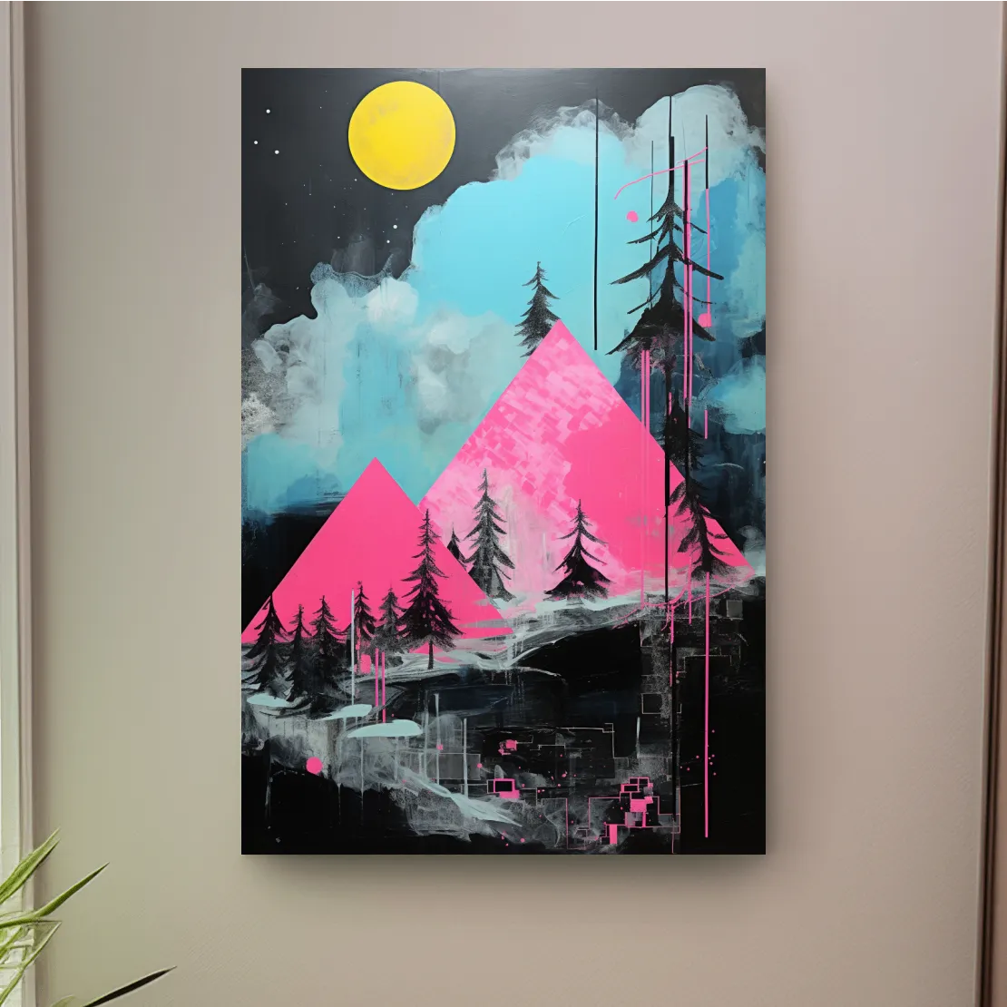 Pink and black acrylic painting, triangular abstract mountains
