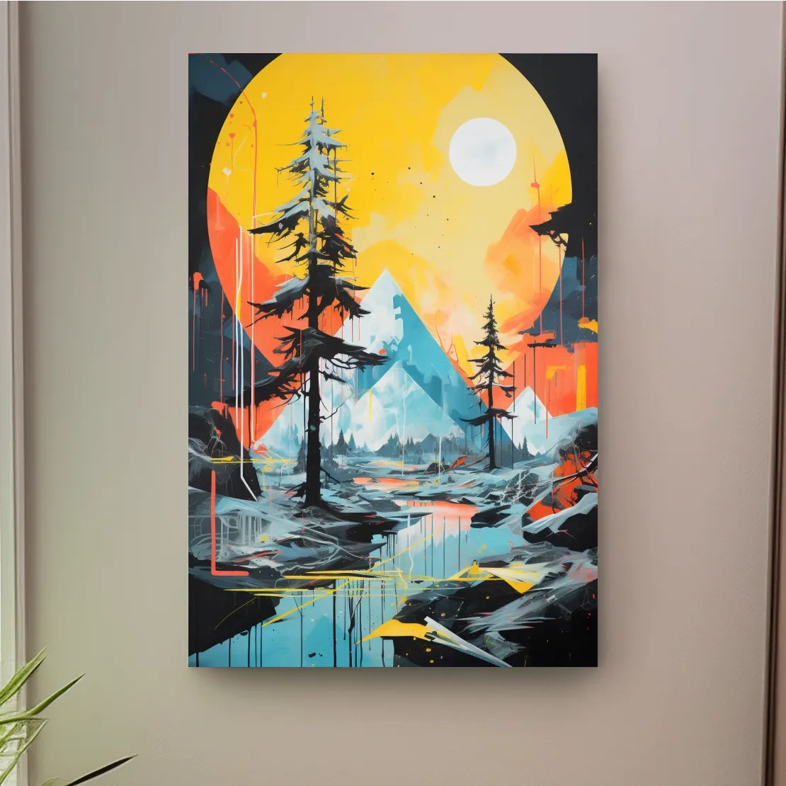 Abstract geometric painting of a glacier alpine landscape at sunset
