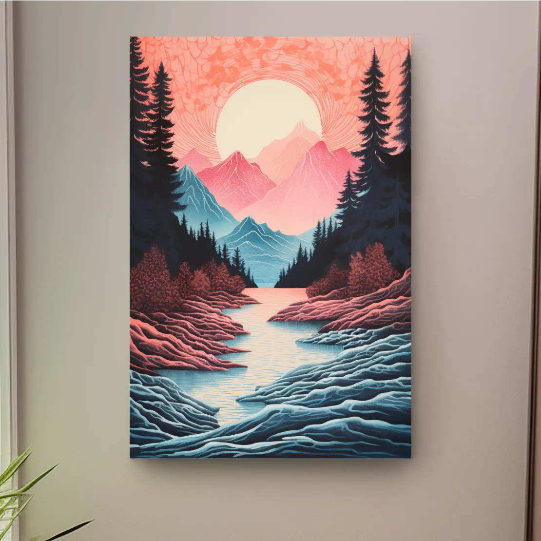Risograph style illustration of an alpine valley at sunset