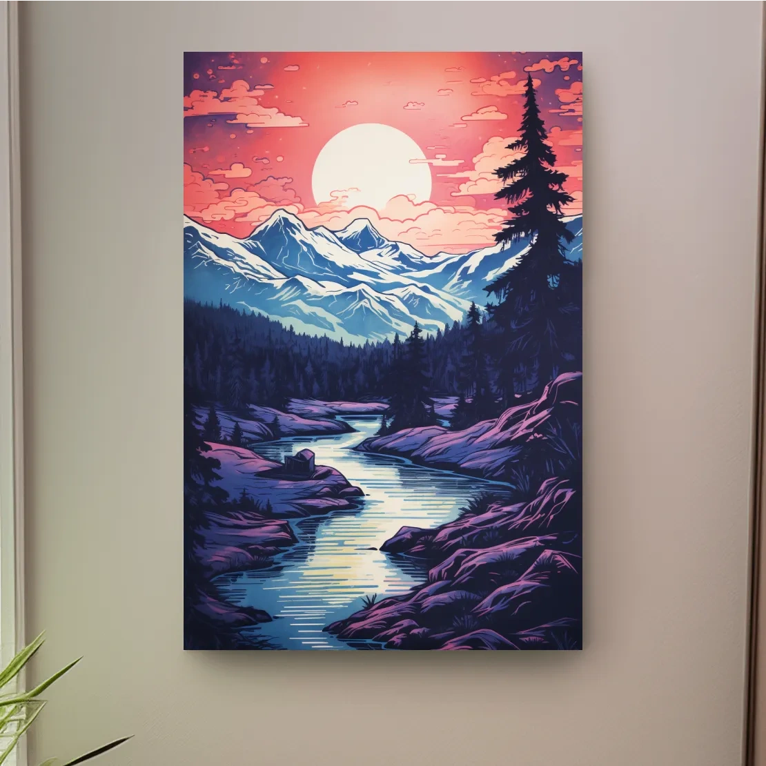 Surreal illustration of sunset over a glacier alpine scene