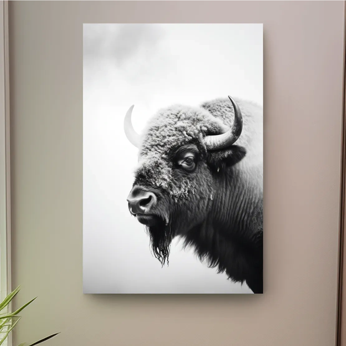 Moody Black And White Bison Portrait - Minimalist Photographic Wildlife Wall Art