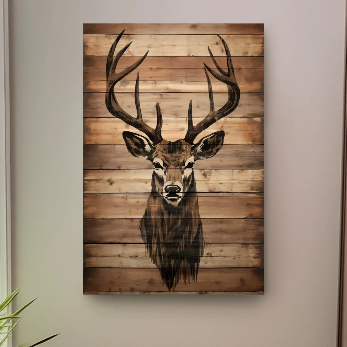 Wood burning art, deer head on wooden panels