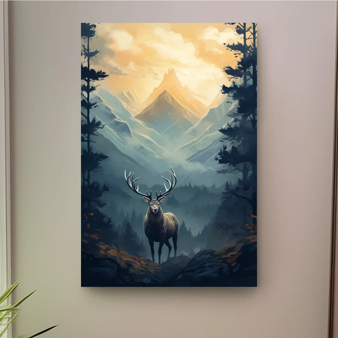 Serene illustration of a majestic deer in the forest at sunset