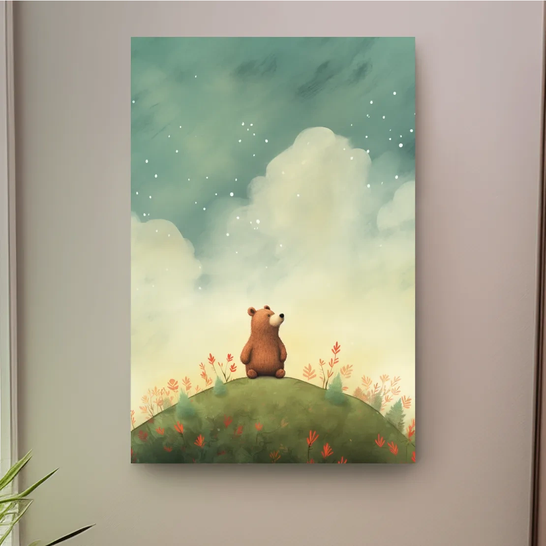 Nursery artwork, illustration of a cute happy bear gazing into the night sky