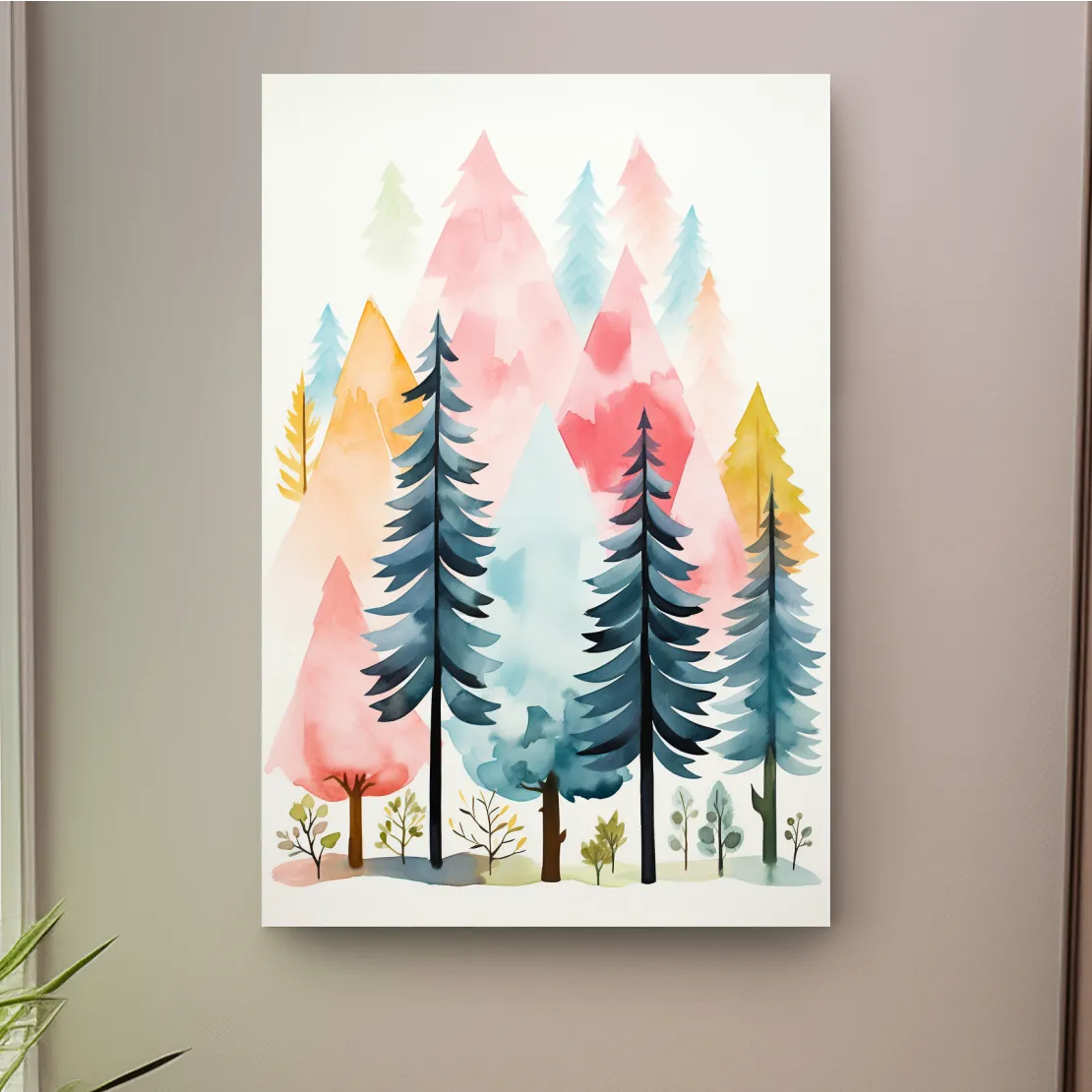 Watercolor style story book illustration art of a colorful forest