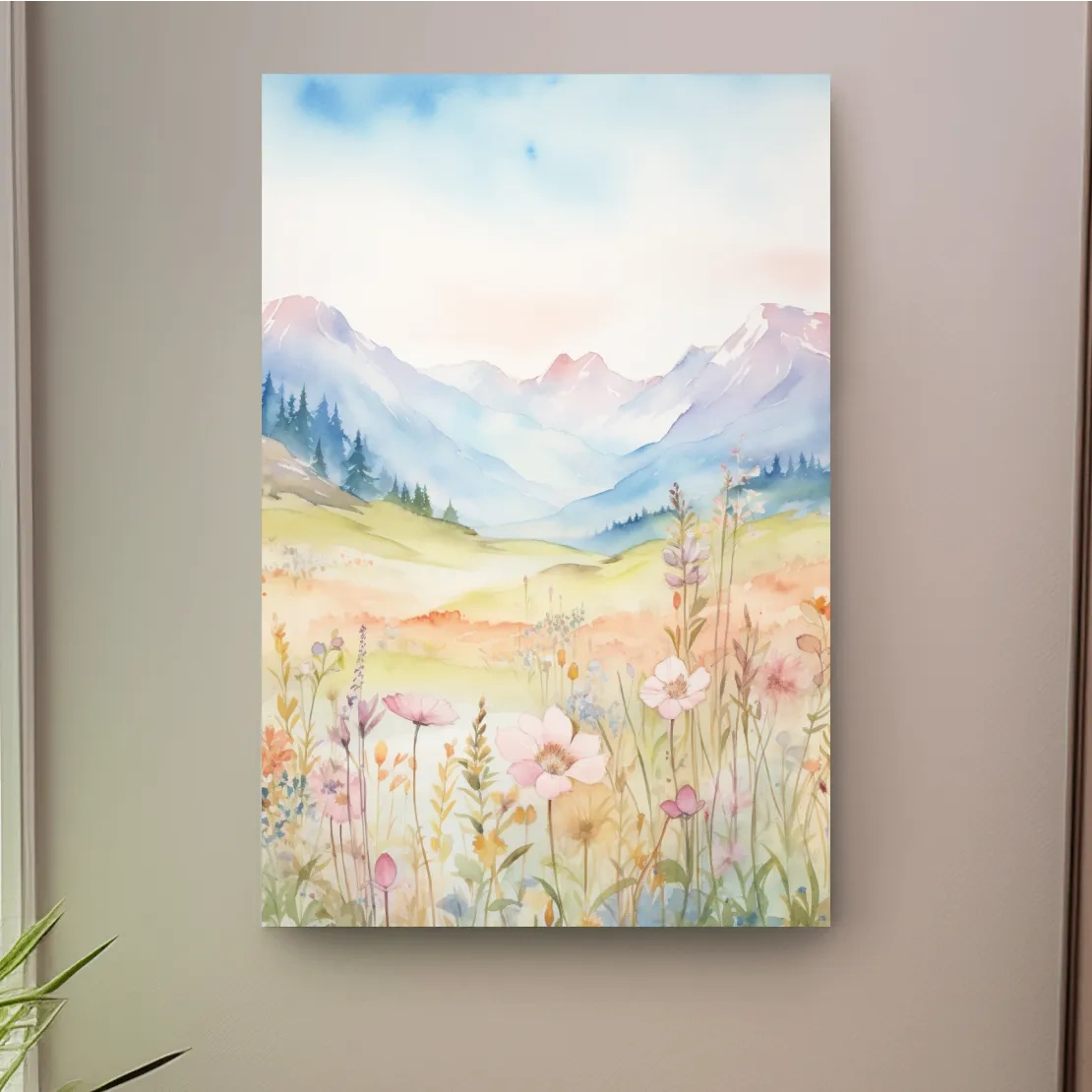 Pastel Watercolor Wildflower Meadow Mountains - Serene Floral Alpine Wall Art