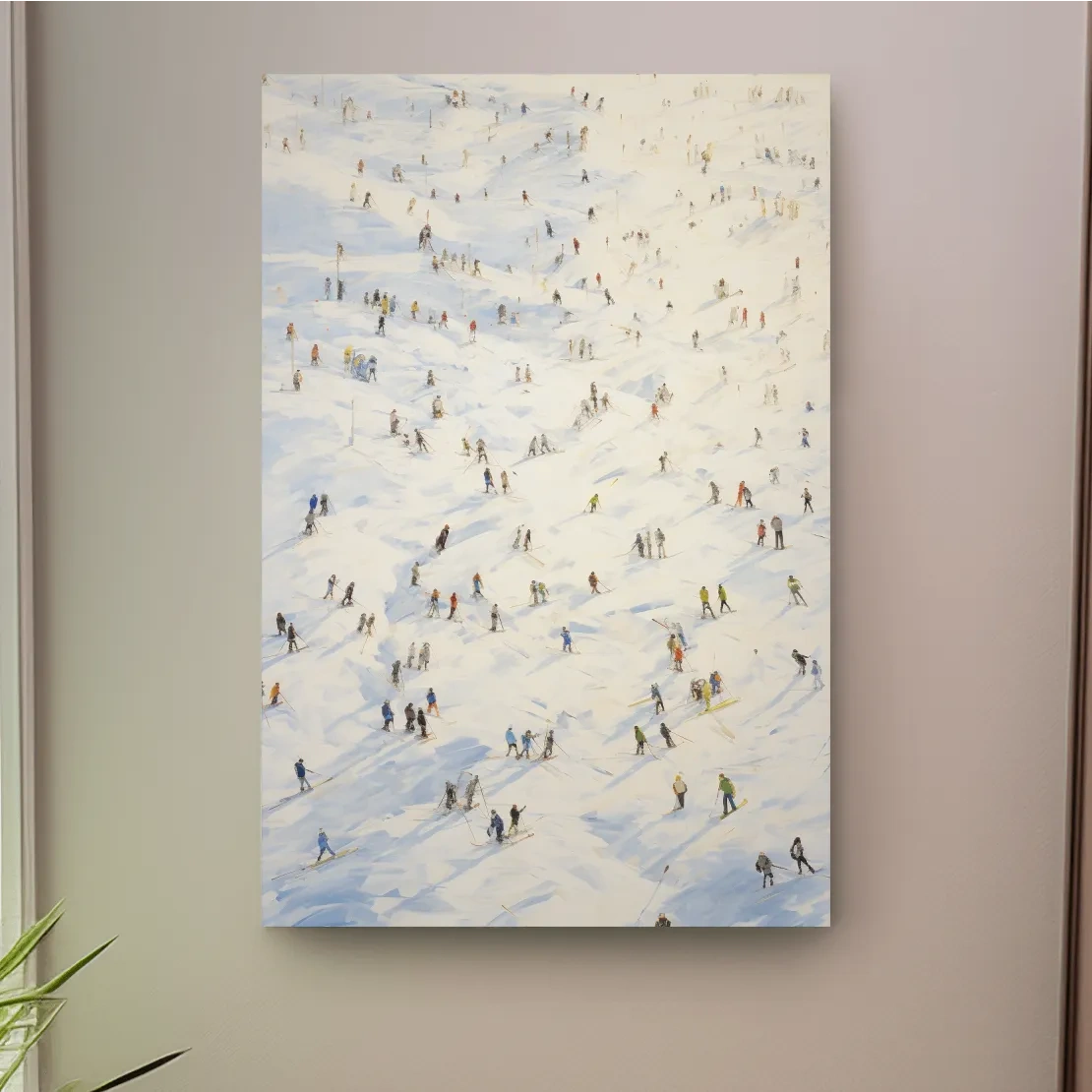 Painting of an aerial view of lots of skiers at a ski resort