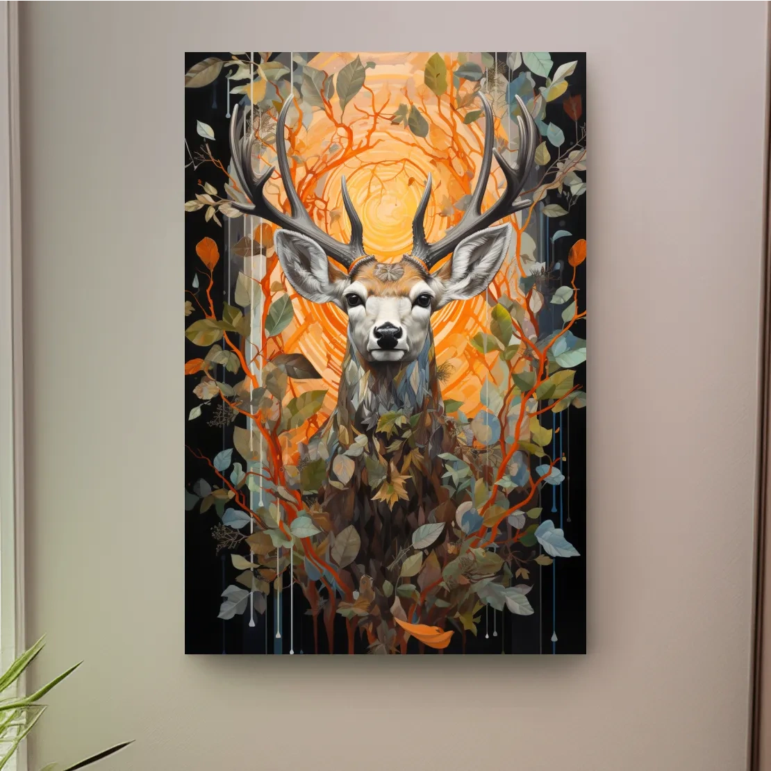 Floral ornate artwork of a deer head surrounded by foliage