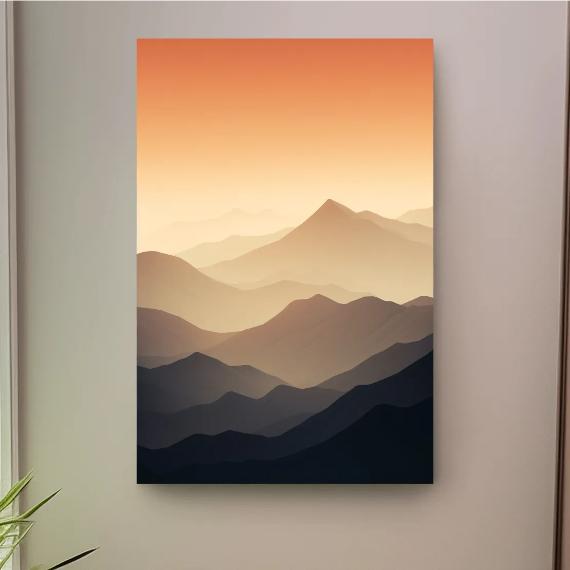 Subtle mountain sunset artwork, ridgelines fading into the sky