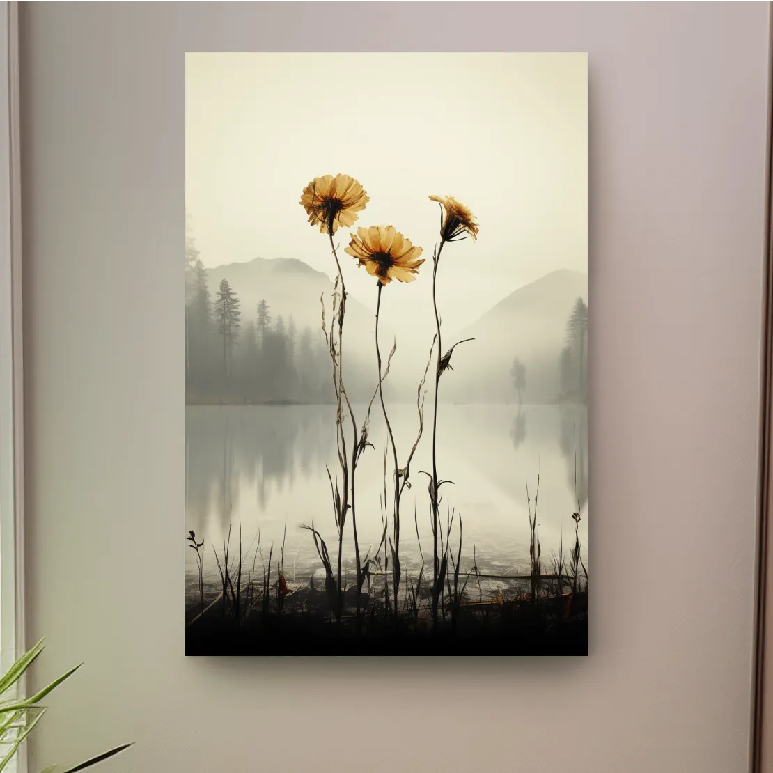 Photographic illustration, flowers on the misty lake shore