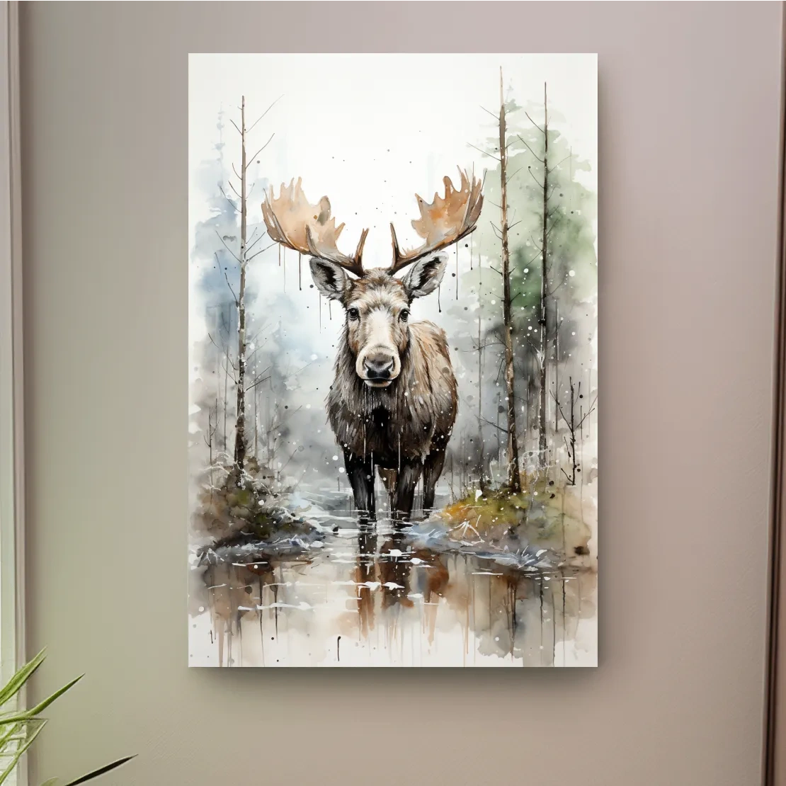 Watercolor painting of a moose in a forest lake