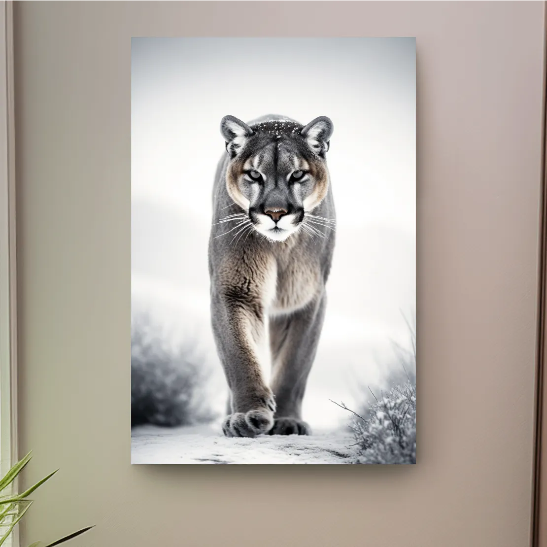 Photograph of a mountain lion walking in snow