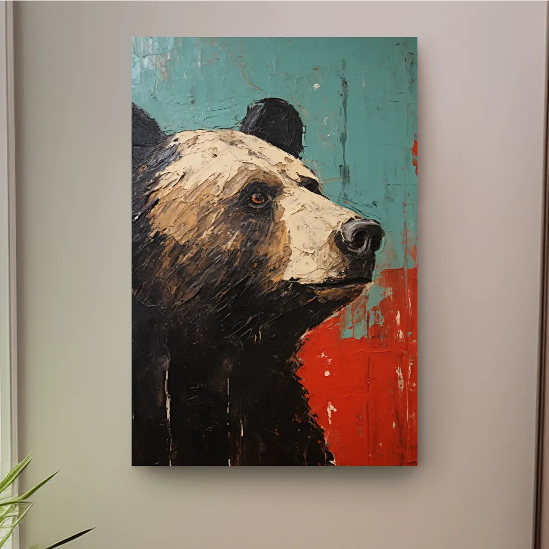 Rustic impasto style painting of a black bears head
