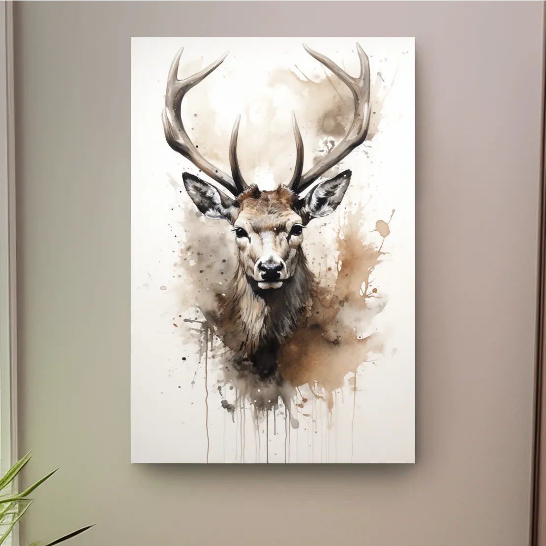 Splattered watercolour painting of a deers head