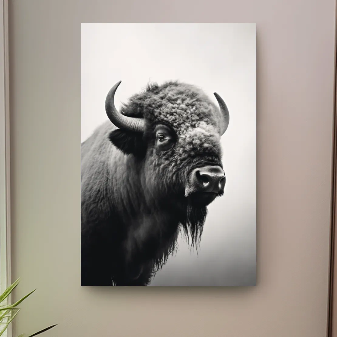 Photographic art, black and white photo of a bison on a crisp winter morning