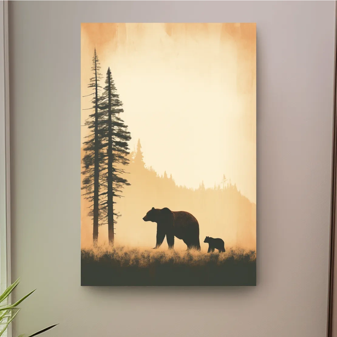 Momma bear and her cub, minimal illustration artwork