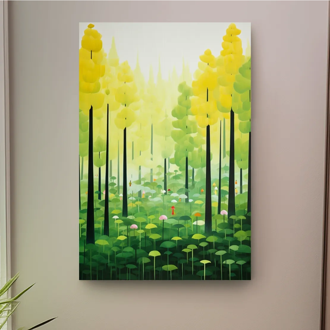 Happy storybook illustration of a surreal forest