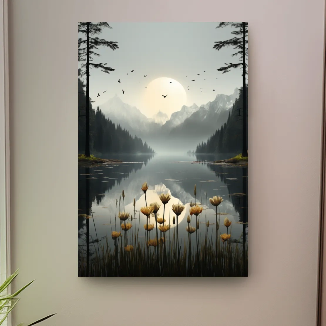 Flowers on the misty alpine lake shore, photographic illustration