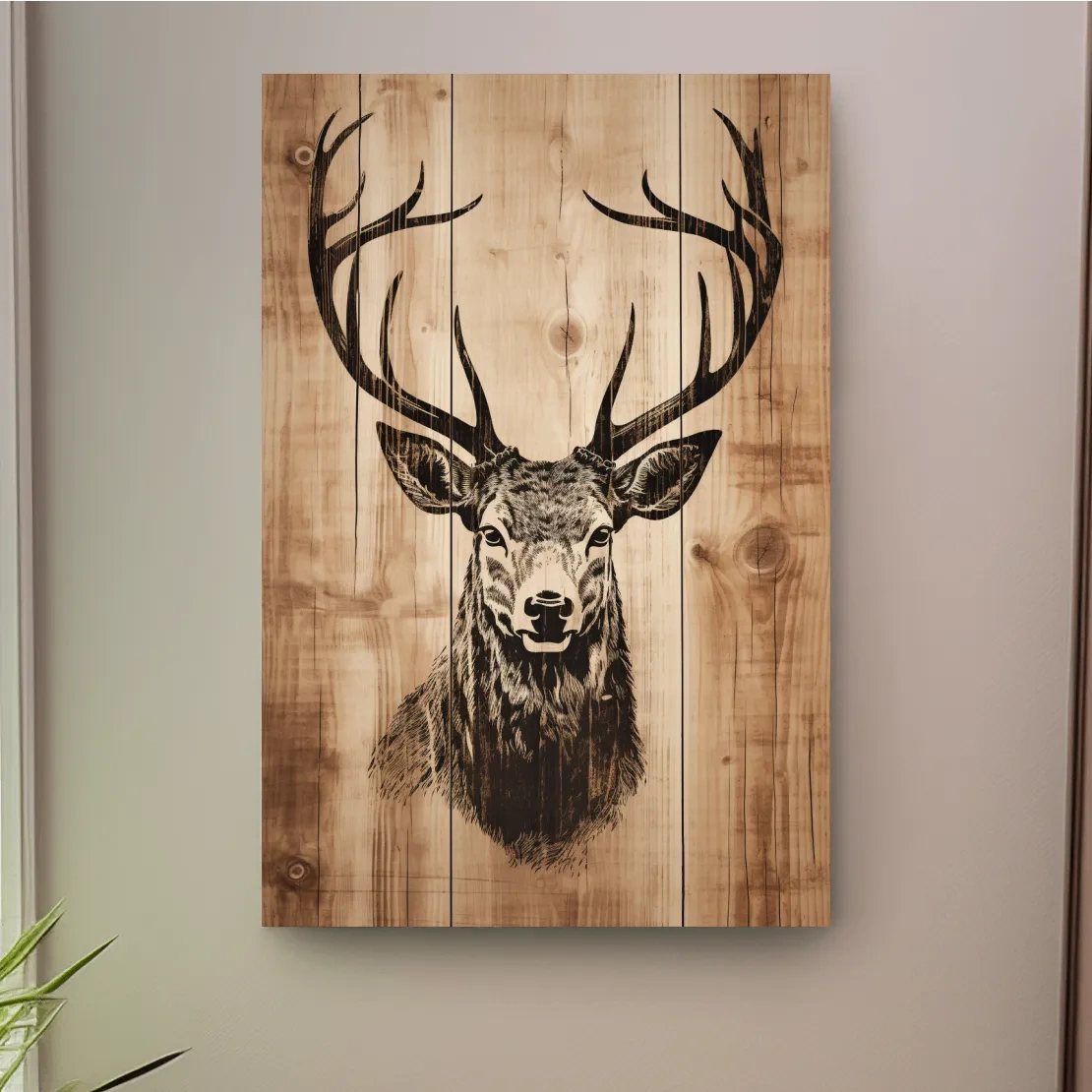 Wood burning style art, deer head on wooden panels