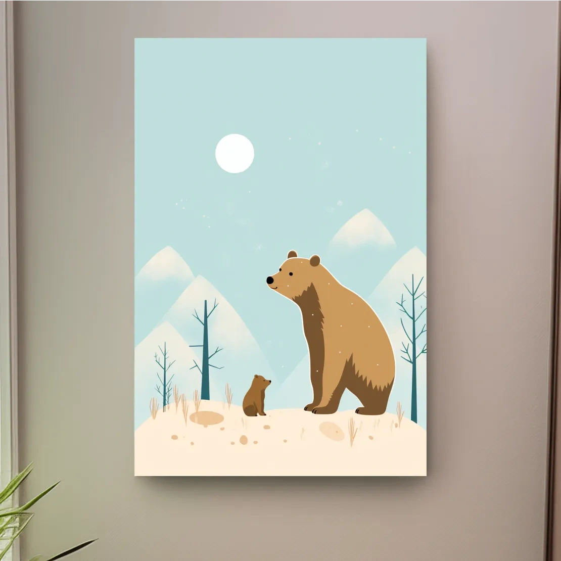 Minimal illustration art of a mama bear and her cub