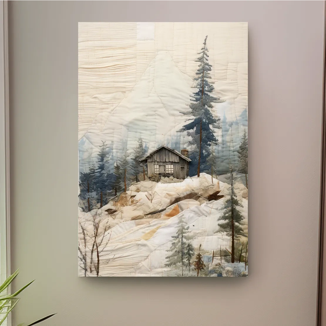 Cabin in the alpine forest, patchwork fabric style mountain wall art