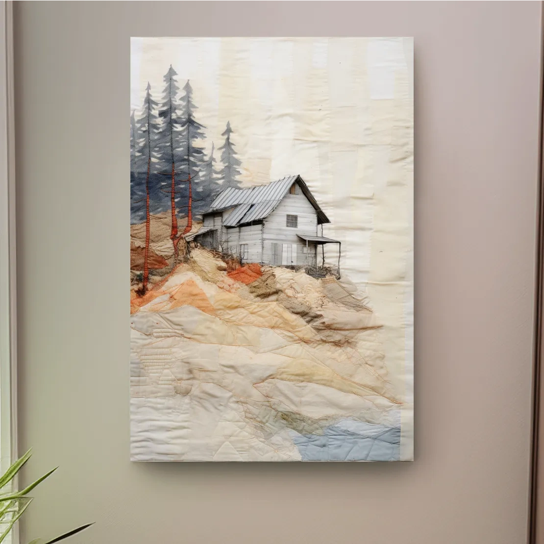 Rustic cabin artwork, fabric patchwork style